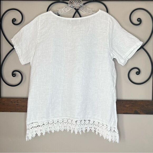 Terzo Millennio Italian Linen Crocheted Short Sleeve Crisp White Tunic Blouse - Picture 4 of 10